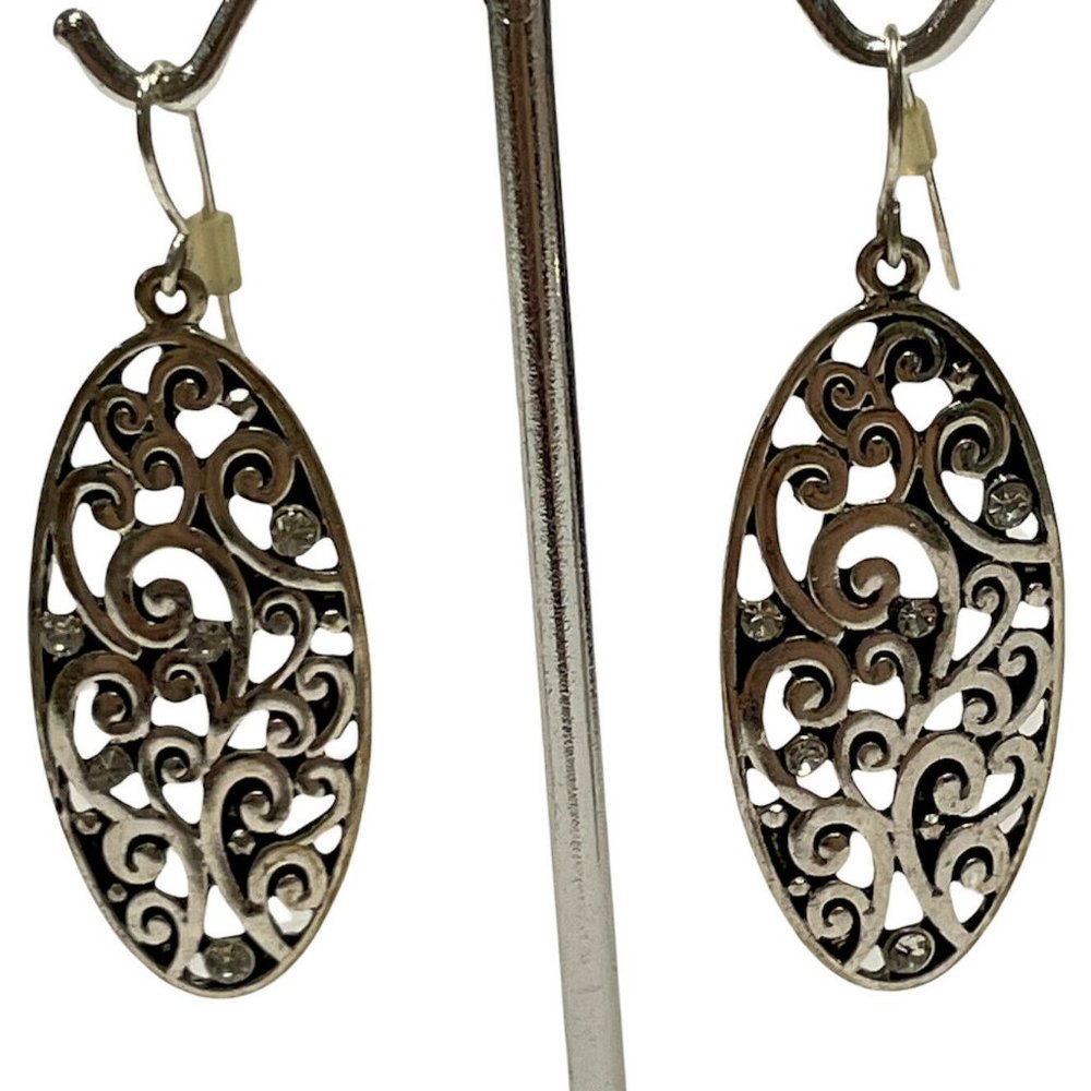 Silver Tone Openwork Scroll Dangle Hook Earrings … - image 1